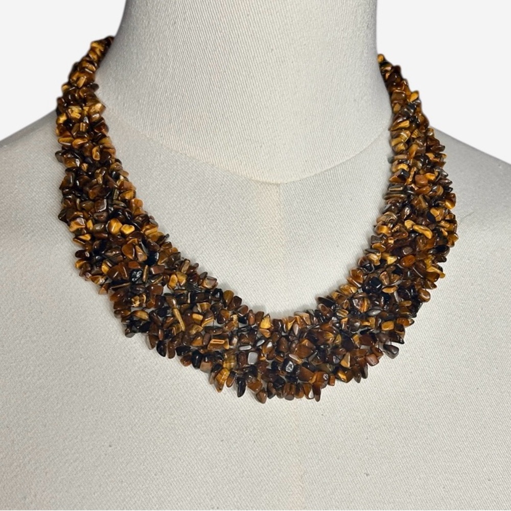 Tigers Eye Graduated Statement Choker Collar Necklace Browns & Gold Toggle Clasp